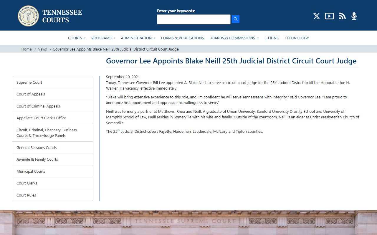 Fayette County Circuit Court Judge A Blake Neill appointment records