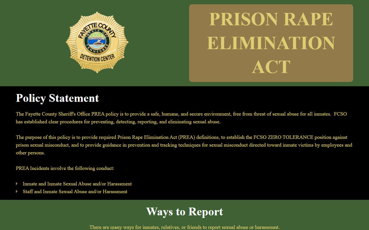 Fayette County inmate records PREA policy