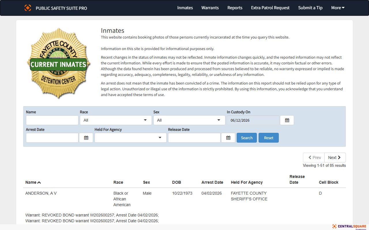 Fayette County inmate records live roster portal