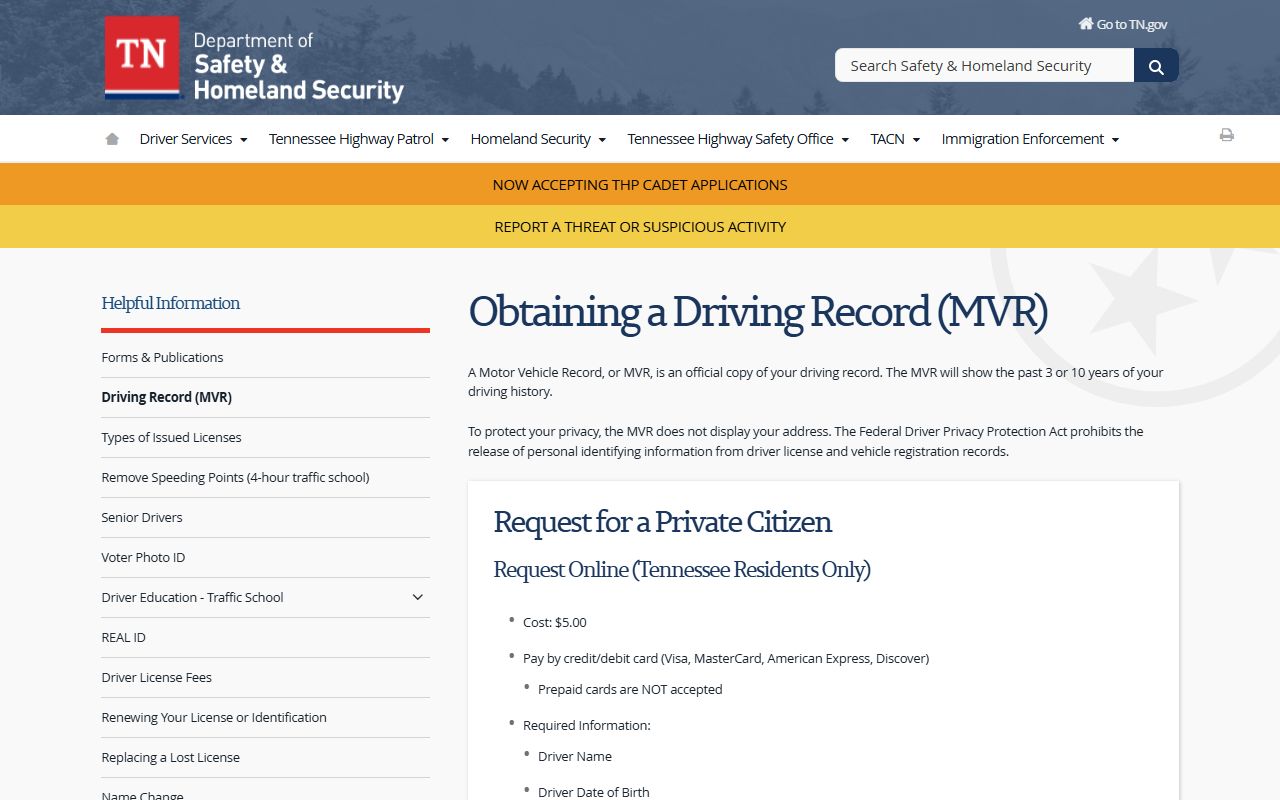 Fayette County traffic court records Tennessee MVR ordering page